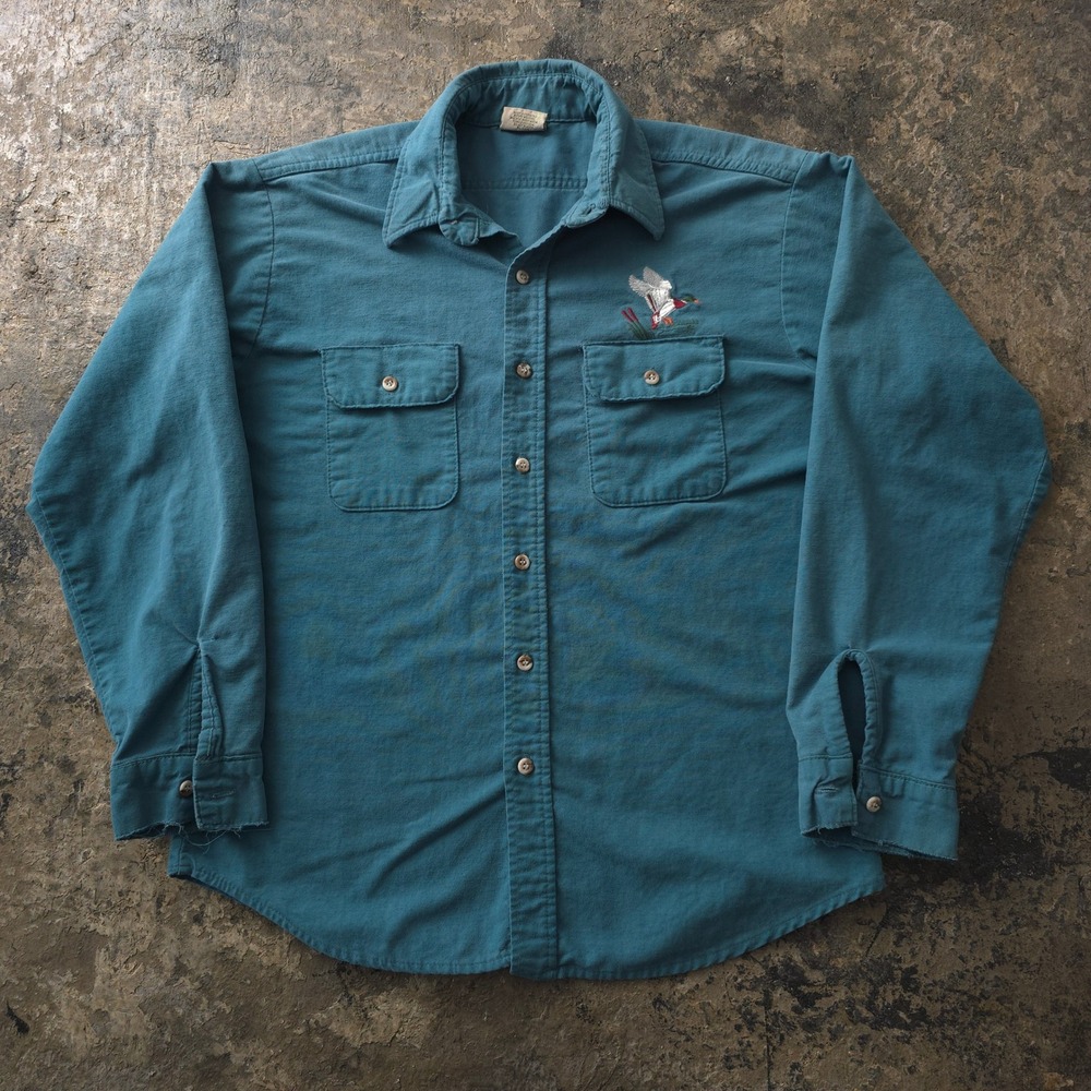 Vintage 90s Five Brother Teal Duck Embroidery Flannel Shirt Large Made in USA
